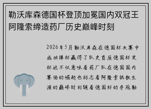 勒沃库森德国杯登顶加冕国内双冠王阿隆索缔造药厂历史巅峰时刻